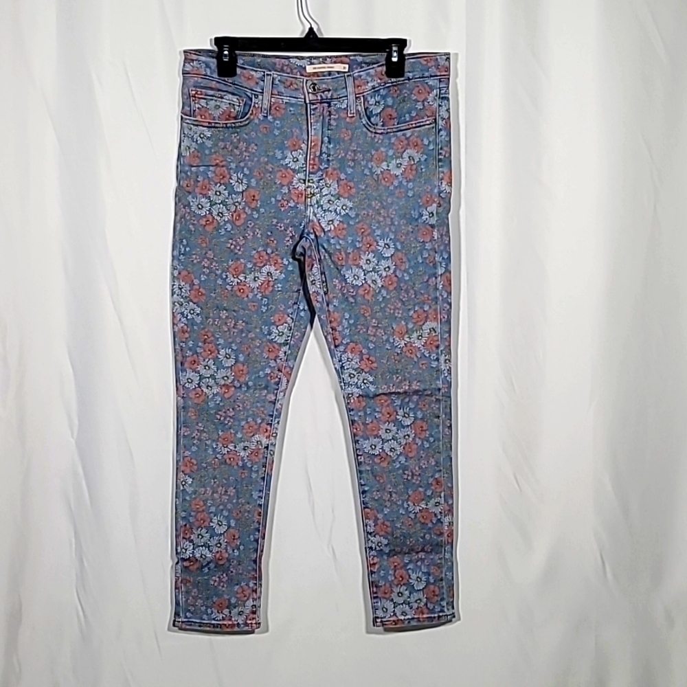 Levi's Blue Floral Straight Leg Jeans with Pink Flowers